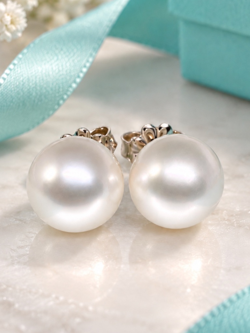 Tiffany & Co Ziegfeld Pearl Stud Earrings 9.5mm Sterling Silver New in Box